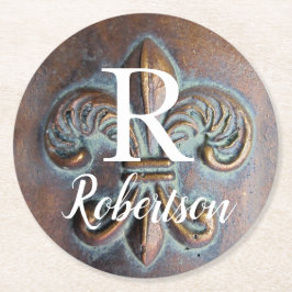 Vintage Fleur De Lis Monogram - första början Underlägg Papper Rund