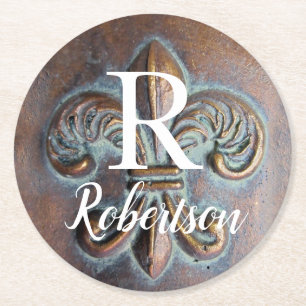 Vintage Fleur De Lis Monogram - första början Underlägg Papper Rund