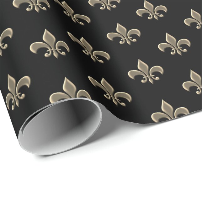 Vintage Fleur de Lis Petite Black Fransk Presentpapper (Rullad Hörn)
