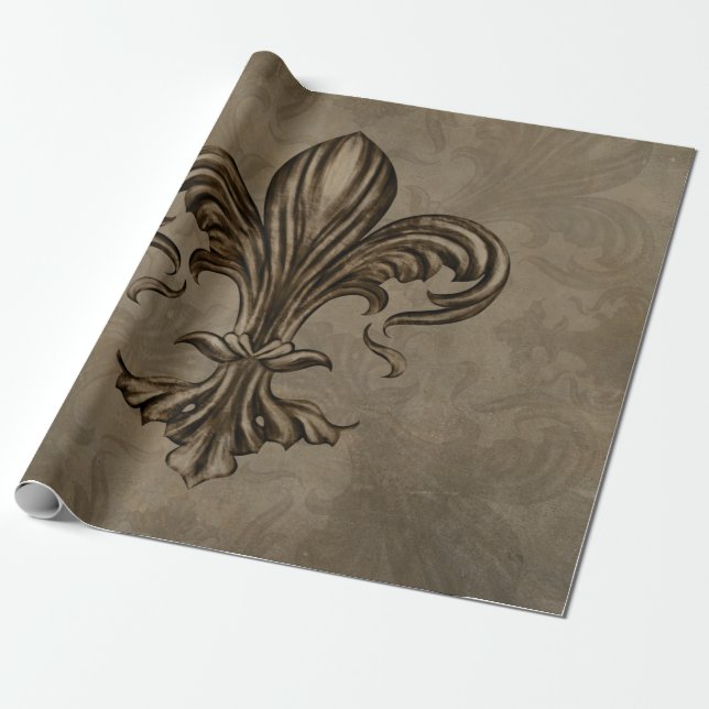 Vintage Fleur-de-lis Sepia Presentpapper (Utrullad)