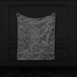 Vintage Fleur de Lis Svart Silver Grunge Damask Fleecefilt