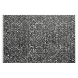 Vintage Fleur de Lis   Svart Silver Grunge Damask Tyg