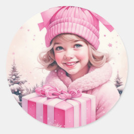 Vintage flicka i rosa med presentförpackning runt klistermärke
