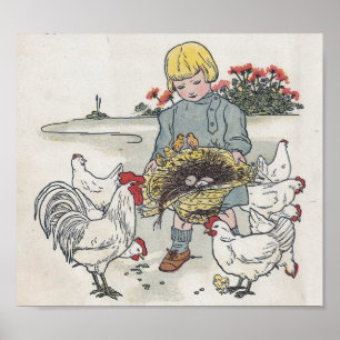Vintage flicka med kycklingar E är ett ägg Poster