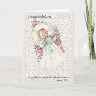 Vintage Flicka med Rosary Rosa ros Kort