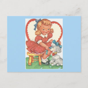 Vintage flicka och Pudel Valentine Helg Vykort