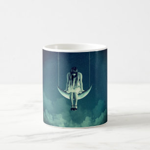 Vintage flicka på måne gotblått grått kaffemugg