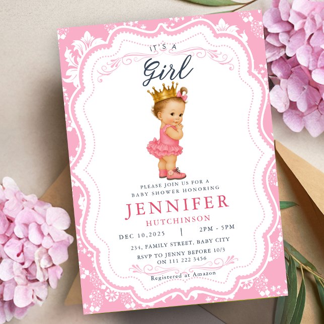 Vintage Flicka Princess Baby Shower Inbjudningar (Vintage Baby Girl Princess Baby Shower Invitation)