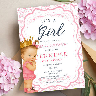 Vintage Flicka Princess Baby Shower Inbjudningar