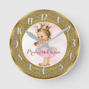 Vintage Flicka Rosa & Guld Personlig Nursery Rund Klocka