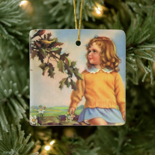 Vintage flicka som tittar på fåglar i ett träd, vå julgransprydnad keramik