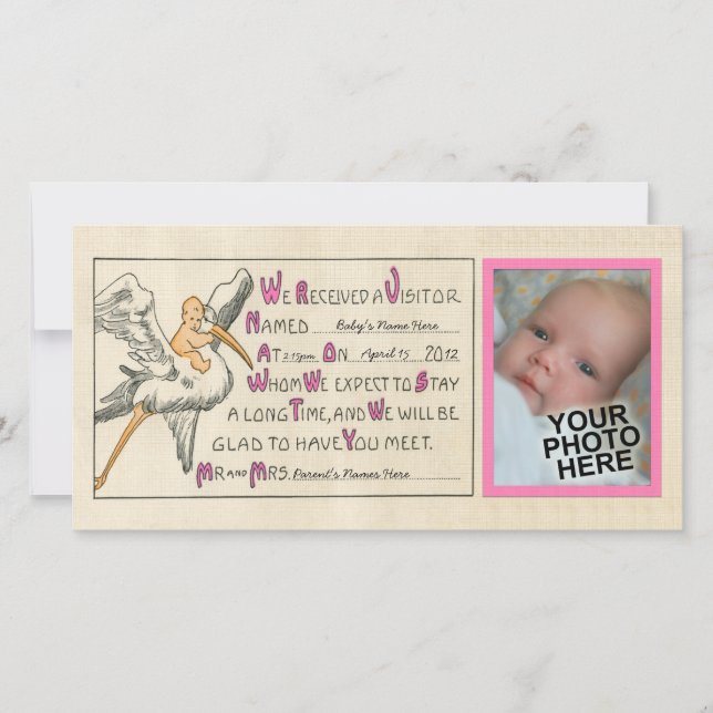 Vintage Flicka & Stork Birth Announcement Rosa Meddelande (Framsida)