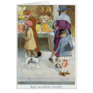 Vintage - Flickan följs av en Hund. Hälsningskort