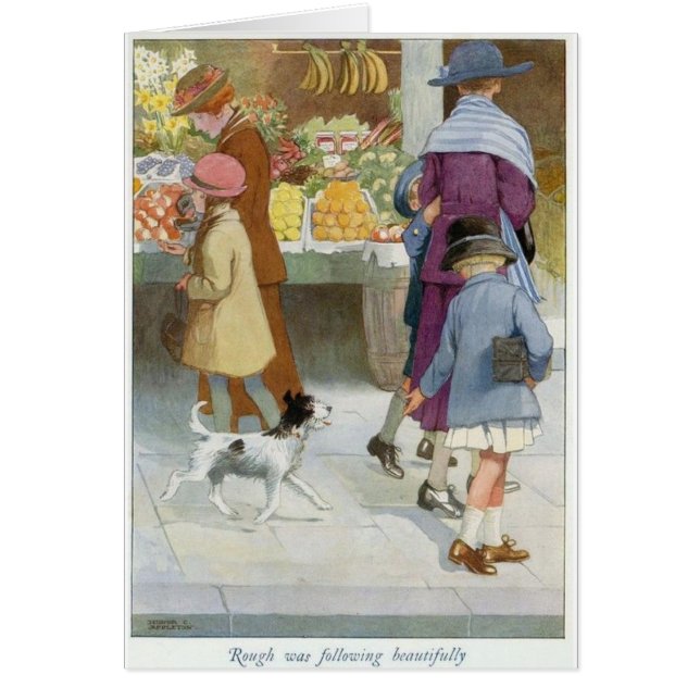 Vintage - Flickan följs av en Hund. Hälsningskort (Framsidan)