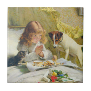 Vintage Flickan som ber med katt & hund Konst Susp Kakelplatta