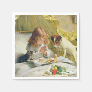 Vintage Flickan som ber med katt & hund Konst Susp Pappersservett