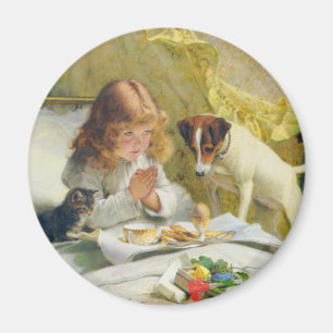 Vintage Flickande Tjej med Katt & Hund Konst Suspe Magnet