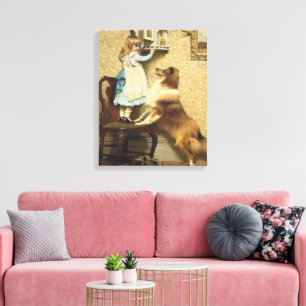 Vintage Flickor och Sheltie Hund Konst Hemlig Plat Canvastryck