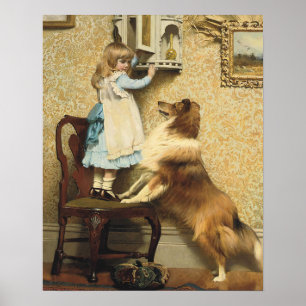 Vintage Flickor och Sheltie Hund Konst Hemlig Plat Poster