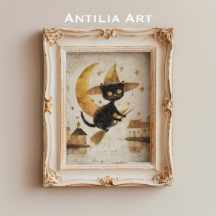 Vintage Flies Black Cat Painting Halloween Måne Poster
