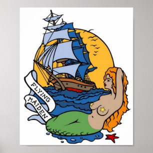 Vintage Flies Maiden Sjöjungfru, Frakt Tattoo Art Poster