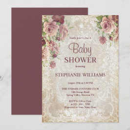 Vintage Floral, Beads & Damask Baby Shower Inbjudningar