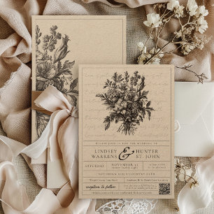 Vintage Floral Boho Rustic Kraft Kristet Bröllop Inbjudningar