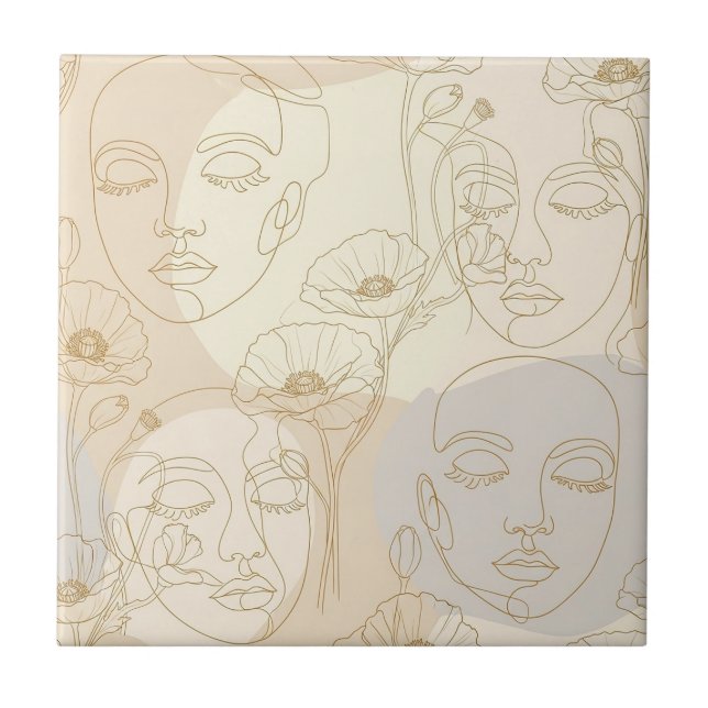 Vintage Floral Face Line Pattern (1) Kakelplatta (Framsidan)