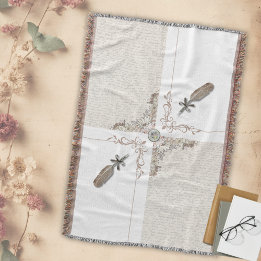 Vintage Floral Literary Manuscript Woven Fringe Filt