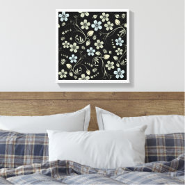 Vintage Floral Pattern with Ladybugs on Black Canvastryck