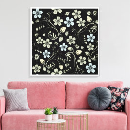 Vintage Floral Pattern with Ladybugs on Black Canvastryck