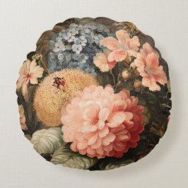 Vintage Floral Still Life with Red and White Bloom Rund Kudde