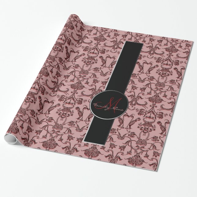 Vintage Florentine Damask (röd) (Monogram) Presentpapper (Utrullad)