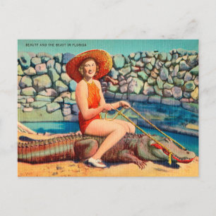 Vintage Florida Alligator och Woman Travel Vykort