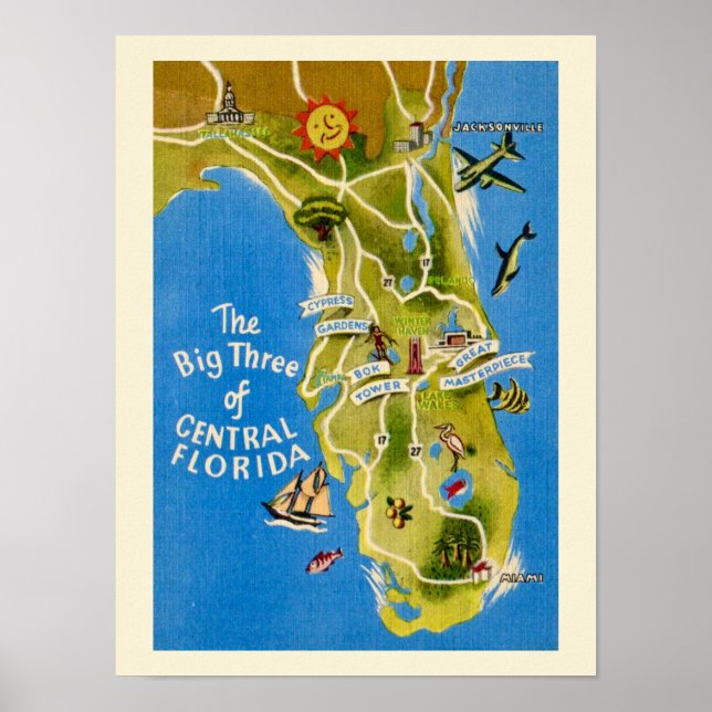 Vintage Florida Attraktioner Tryck (Framsidan)