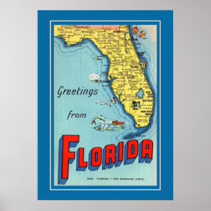 Vintage Florida Karta 20 x 28 Poster