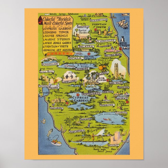 Vintage Florida Karta av färgfläckar Poster (Framsidan)