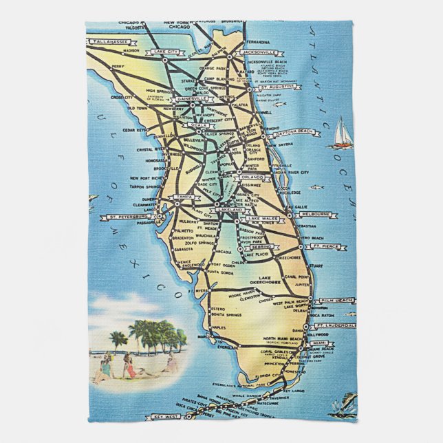 Vintage Florida karta med motorvägar Kökshandduk (Vertikal)