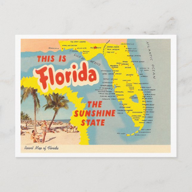 Vintage Florida Karta Vykort (Framsida)