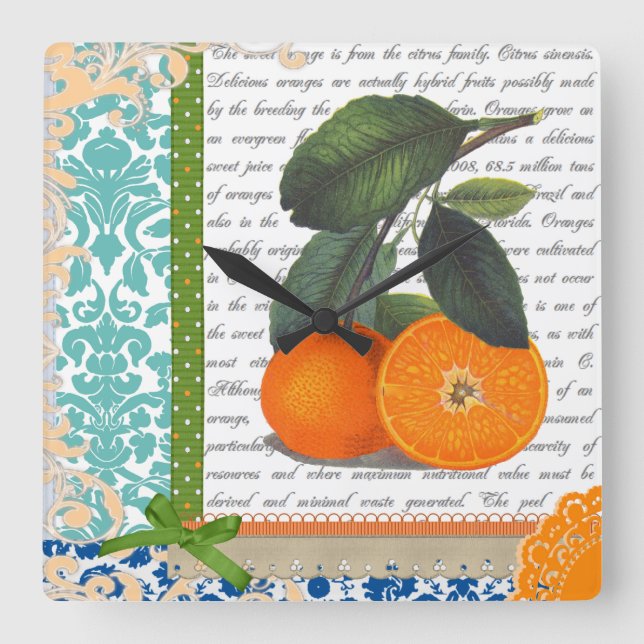 Vintage Florida Orange Fruktkökskö Fyrkantig Klocka (Framsida)