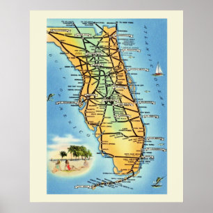 Vintage Florida Road Karta Poster Print