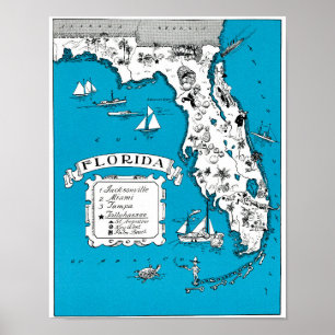 Vintage Florida State Karta Coastal Wall Decor Poster