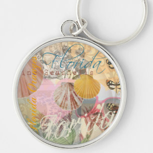 Vintage Florida Travel Beach Snäckors Art Skriv ut Rund Silverfärgad Nyckelring
