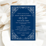 Vintage flottan och Silver Art Deco Bröllop Inbjudningar<br><div class="desc">Elegant och glamorösa konsthyrande bröllopsinbjudningar inspirerade av ornate vintage Gatsby stil och 20-talet. Kortdesignen har ett marint blått och silver grått färg,  ett ornat dekorativt ram och mönster och snyggt typografi som kan vara helt personlig.</div>