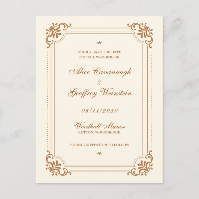 Vintage Flourish Bröllop Spara Datum Meddelande Vykort (Framsida)