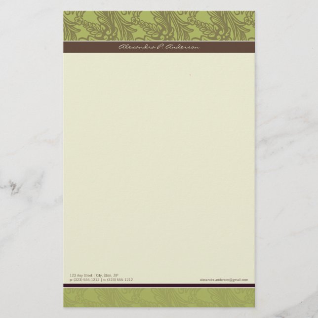 Vintage Flourish Olive Customized Stationery Brevpapper (Framsida)