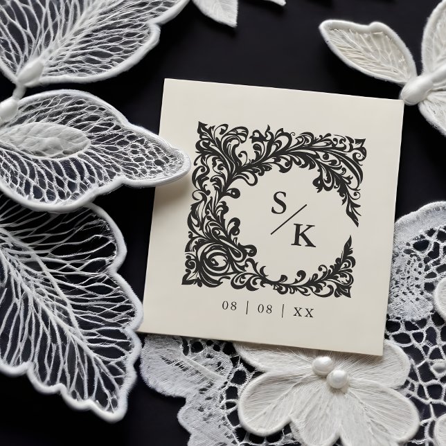 Vintage Flourish Ornate Frame Wedding Initials Stämpel (Stylish & Chic Vintage Flourish Ornate Frame Wedding Initials Rubber Stamp.)