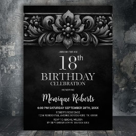 Vintage Flower Black 18th Birthday Party Inbjudningar