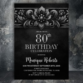 Vintage Flower Black 80th Birthday Party Inbjudningar
