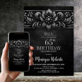 Vintage Flower Black Surprise 65th Birthday Party Inbjudningar